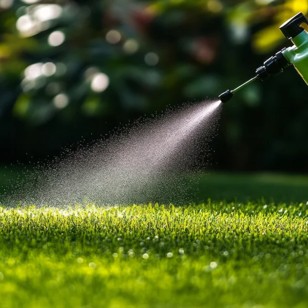 Arrosage d'une pelouse verte pour son entretien, avec un jet d'eau éclatant sous le soleil.